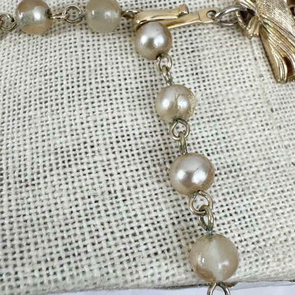 1950's MCM Coro 8 Strand Gold Chain and Pearl Bead Choker Bib Necklace 15” - Picture 2 of 11